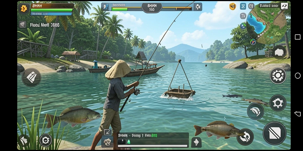 Screenshot gameplay 8HHH menampilkan momen memancing yang mendebarkan.