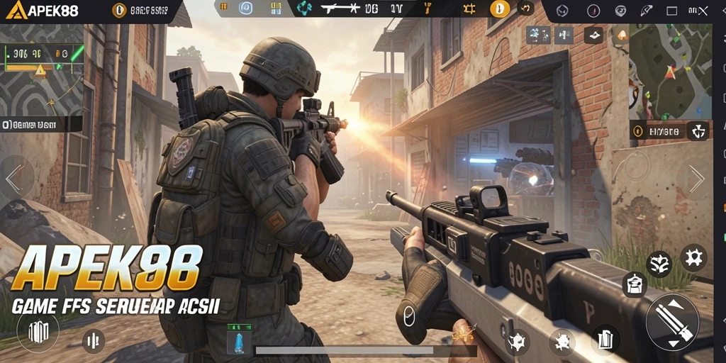 Menampilkan aksi intens dalam game FPS APEK88.