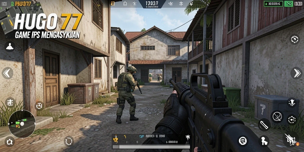 Screenshot menampilkan aksi tembak-menembak intens di HUGO77.