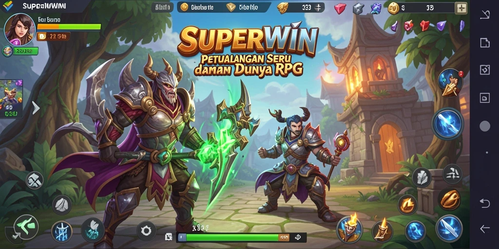 Tampilan utama dari gameplay RPG SUPERWIN dengan karakter beraksi dalam pertempuran.